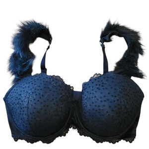 Victoria's Secret Dream Angels Lined Demi Lace Fur Trim Black Bra Size 36DDD